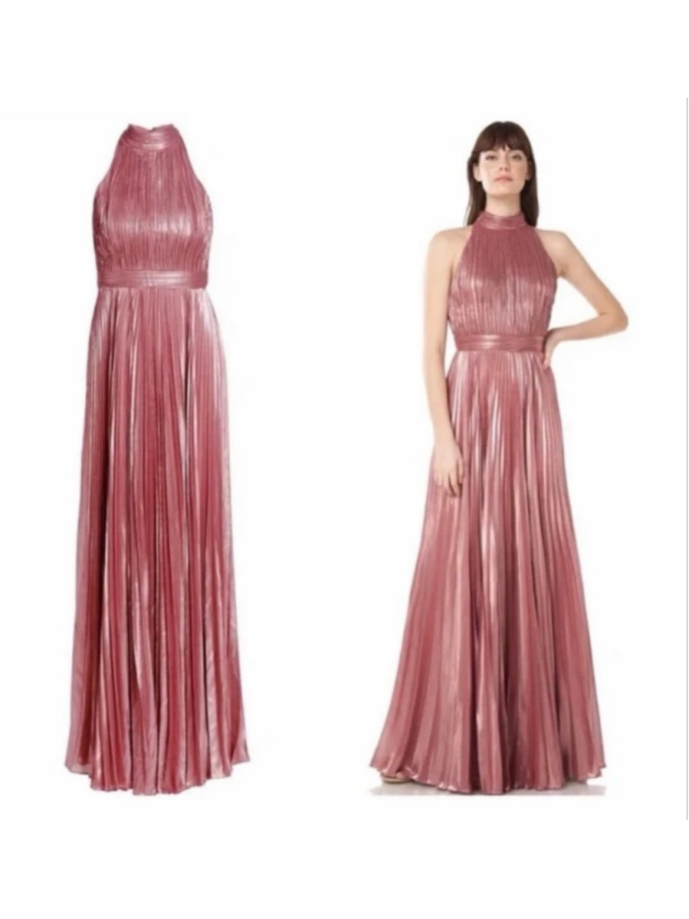 THEIA Metallic Plissé Pink Halter Maxi Evening Gown Sleeveless Back Zip NWT SZ 6